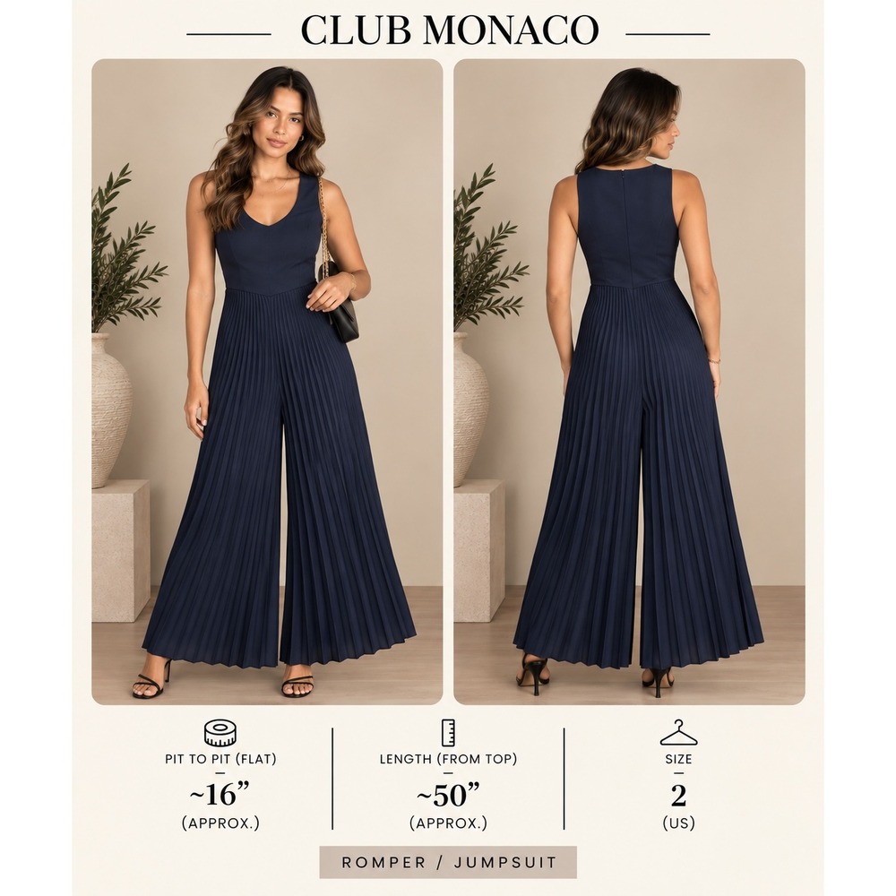 Club Monaco Navy Blue Pleated Wide Leg Jumpsuit Size 2 Sleeveless Formal Evening